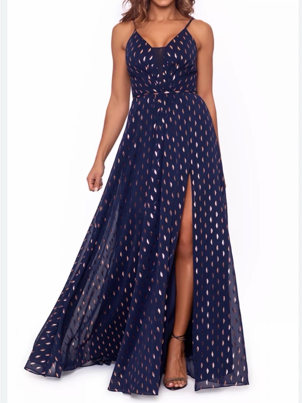 Betsy & Adam V-Neck Foil Print Gown